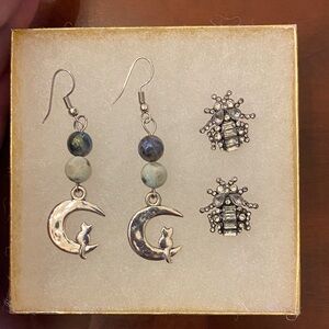 Charming Moon Cat and Bee Earrings Set